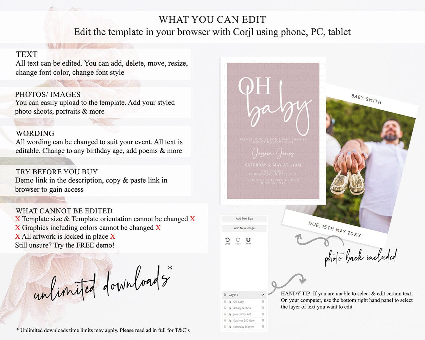 Pink Baby Shower Invitation: Modern Pastel Pink Minimalist Design Invitation for a Simple, Contemporary Baby Shower Celebration D10936
