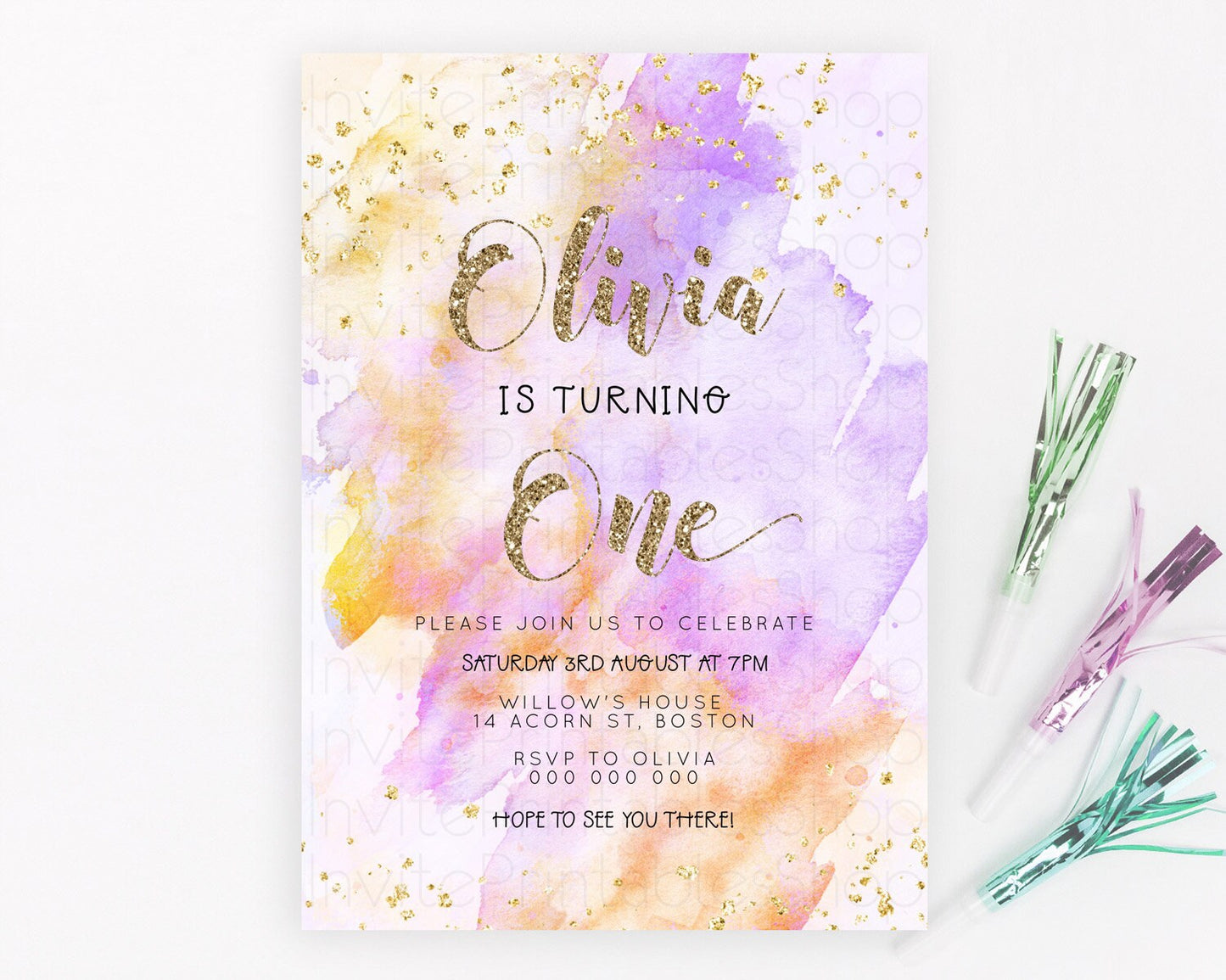 Rainbow Birthday Invitation Colorful Pastel Watercolor Invitation Gold Glitter Sprinkles Ombre Pastel 1st 2nd 3rd Birthday D23300