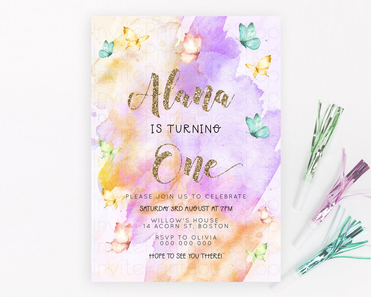 Pastel Butterfly Birthday Invitation Butterfly Birthday Invitation Colorful Splash Glitter Butterfly Garden 1st 2nd Birthday D23253