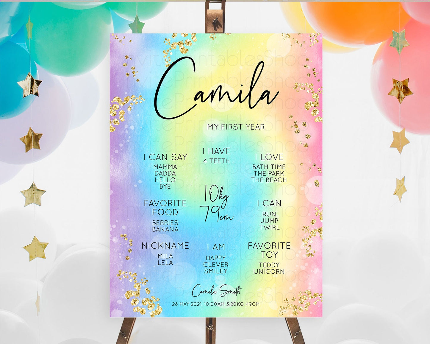 Pastel First Birthday Milestone Board Pastel Rainbow Milestone Poster Colorful Confetti Watercolor Glitter 1st Birthday Welcome Sign D10568