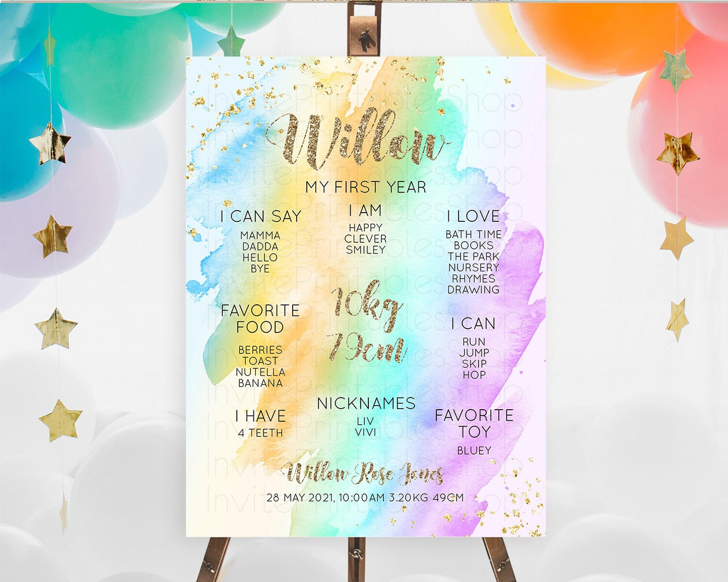 Pastel First Birthday Milestone Board Pastel Rainbow Milestone Poster Colorful Confetti Watercolor Glitter 1st Birthday Welcome Sign D10426