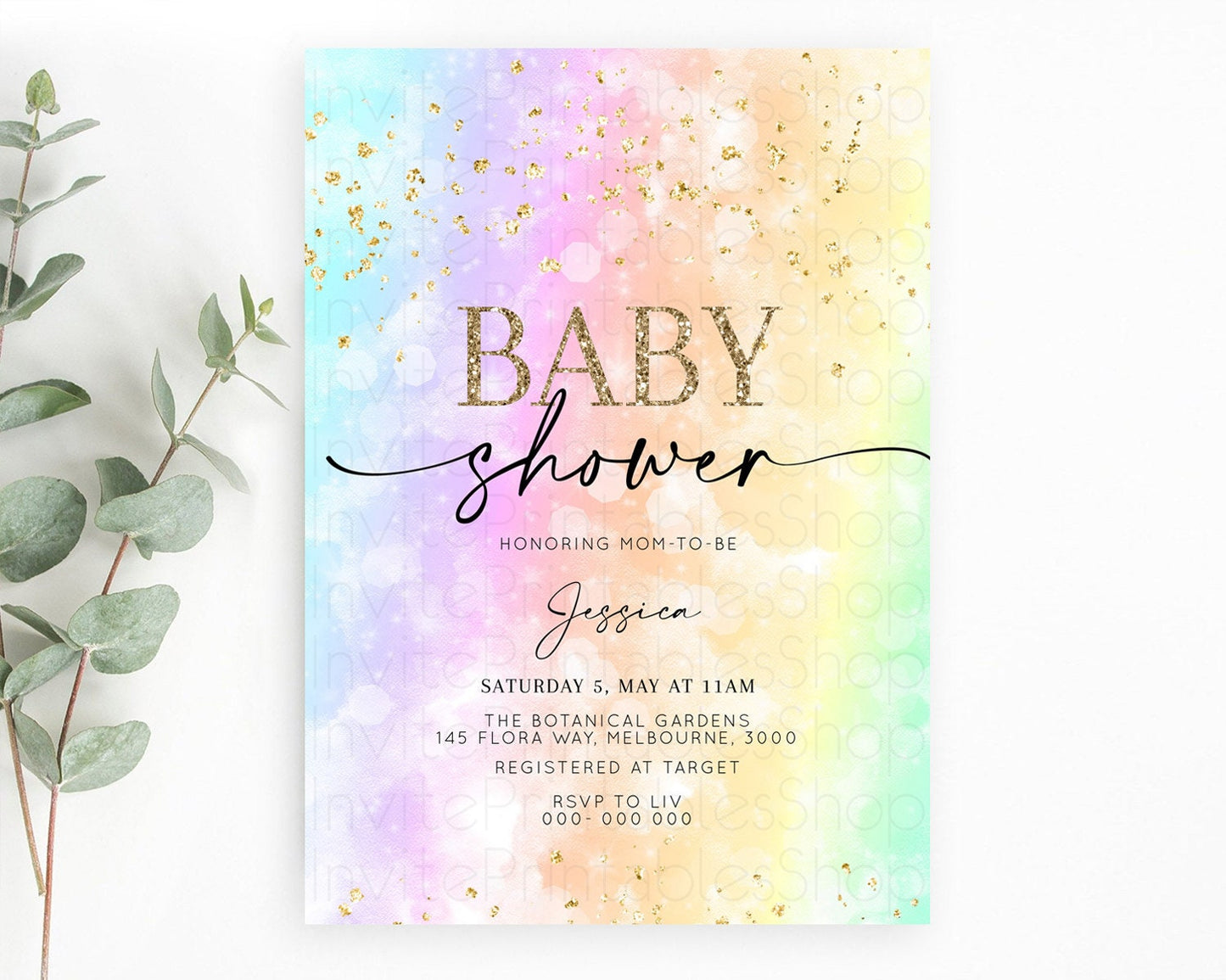 Pastel Baby Shower Invitation Rainbow Baby Shower Invitation Colorful Pastel Watercolor Invitation Gold Glitter Sprinkles Ombre D10647