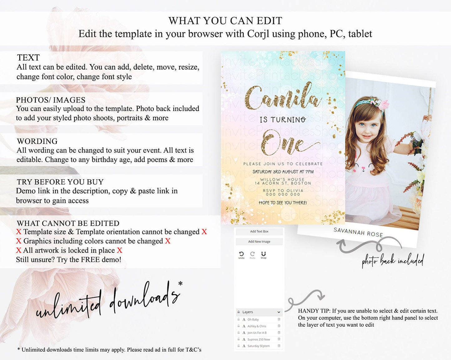 Rainbow Birthday Invitation Colorful Pastel Watercolor Invitation Gold Glitter Sprinkles Ombre Pastel 1st 2nd 3rd Birthday D23116