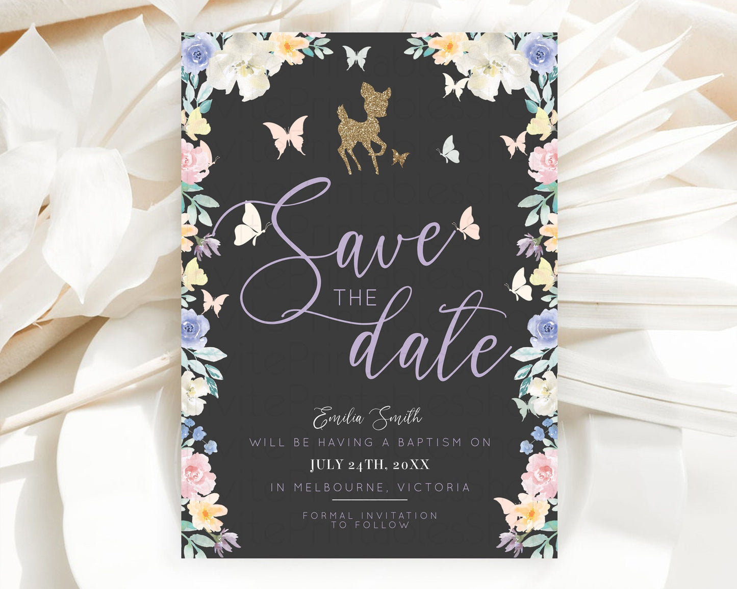 Fawn Deer Save The Date Template Pastel Floral Deer Enchanted Forest Butterfly Party 1st Birthday Baptism Baby Shower Bridal Shower D10323