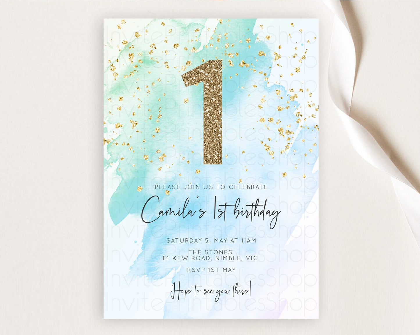 Blue Birthday Invitation Blue Watercolor Invitation Pastel Blue Watercolor Invitation Blue Splash Gold Invitation 1st First Birthday D10168