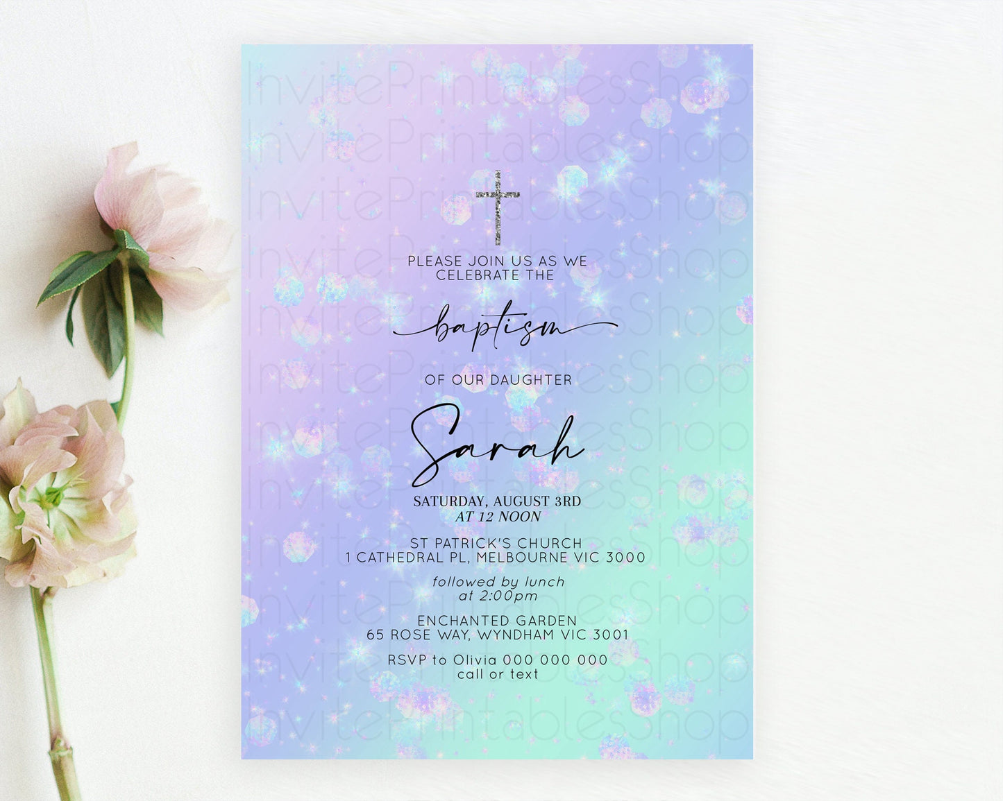 Rainbow Baptism Invitation Colorful Pastel Watercolor Baptism 1st Birthday Invitation Iridescent Glitter Sprinkles Ombre Christening D10663