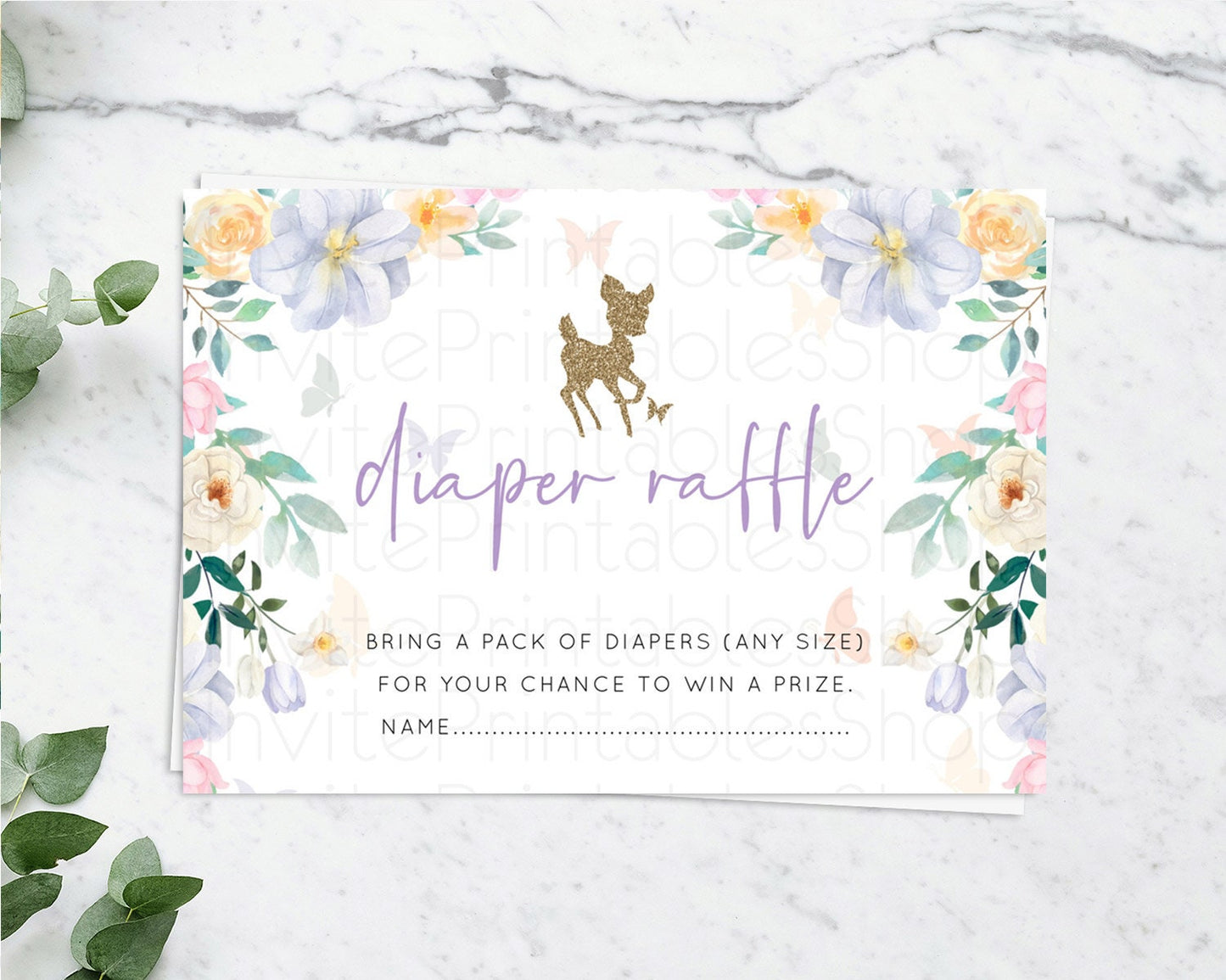 Fawn Diaper Raffle Card Deer Diaper Insert Floral Deer Diaper Ticket Enchanted Forest Butterfly Pastel Baby Shower Raffle Game D10477