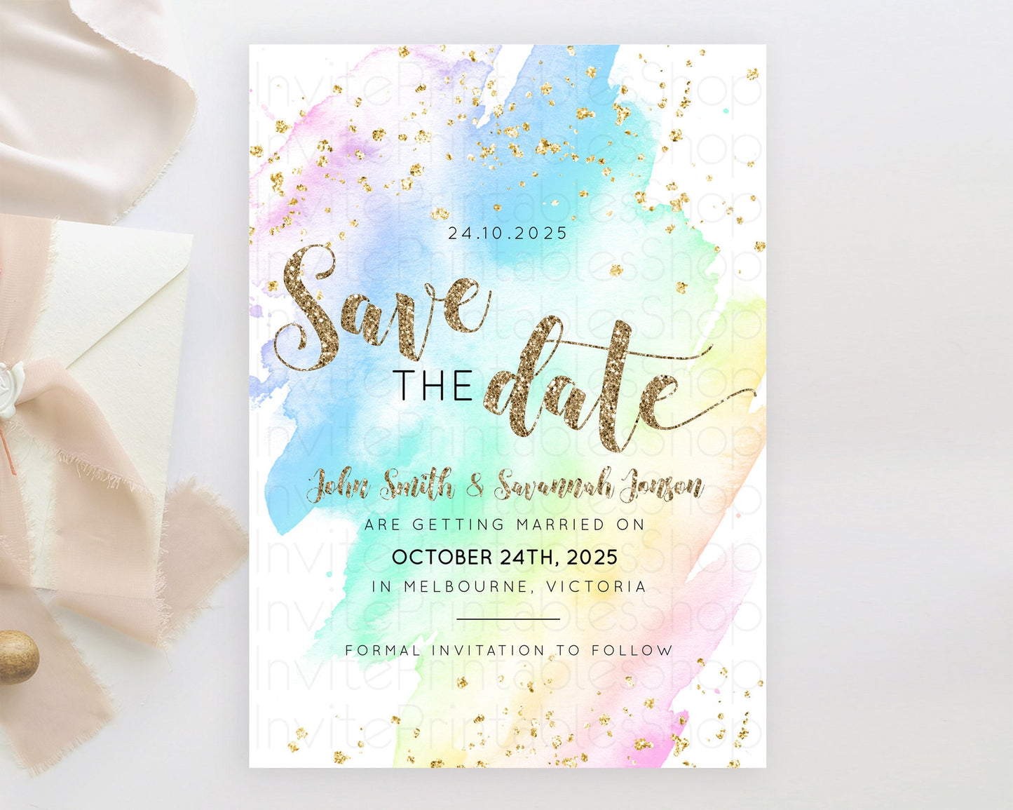 Pastel Save The Date Template Pastel Ombre Rainbow Watercolor Colorful Party For Birthday Baptism Baby Shower Wedding Bridal Shower D10637