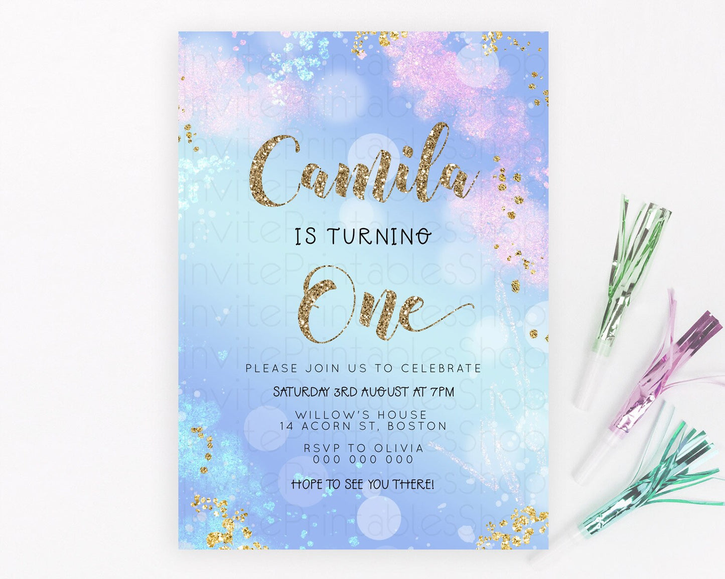 Rainbow Birthday Invitation Colorful Pastel Watercolor Invitation Gold Glitter Sprinkles Ombre Pastel 1st 2nd 3rd Birthday D23124