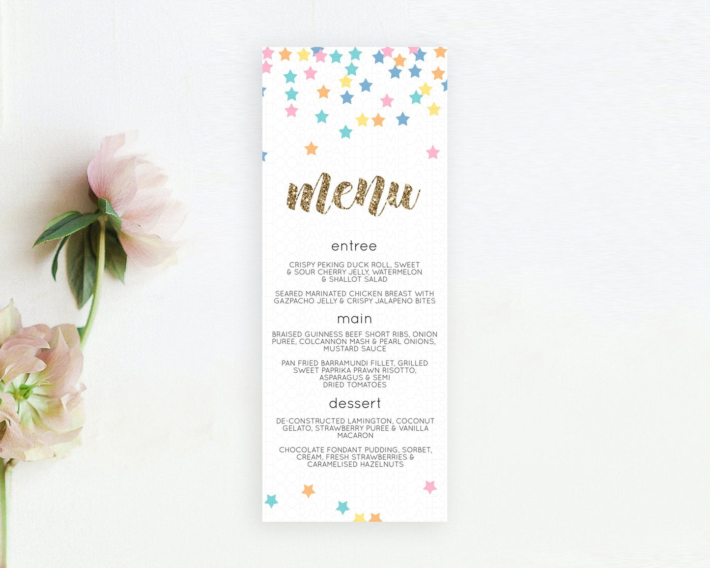 Star Menu Template Pastel Stars Menu Shooting Star Twinkle Little Star Decor Rainbow Colorful Confetti Dinner Dessert Food Menu D10298