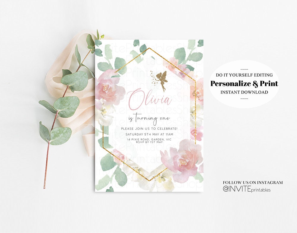 Fairy Birthday Invitation Enchanted Secret Garden Fairytale Watercolor Tinker Bell Glitter Floral Pastel Pink Flowers Template Invite