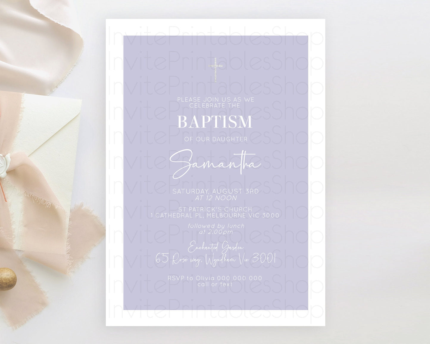 Purple Baptism Invitation Plain Purple Baptism 1st Birthday Invitation Minimalist Pastel Purple Christening Invite Holy Communion D10942