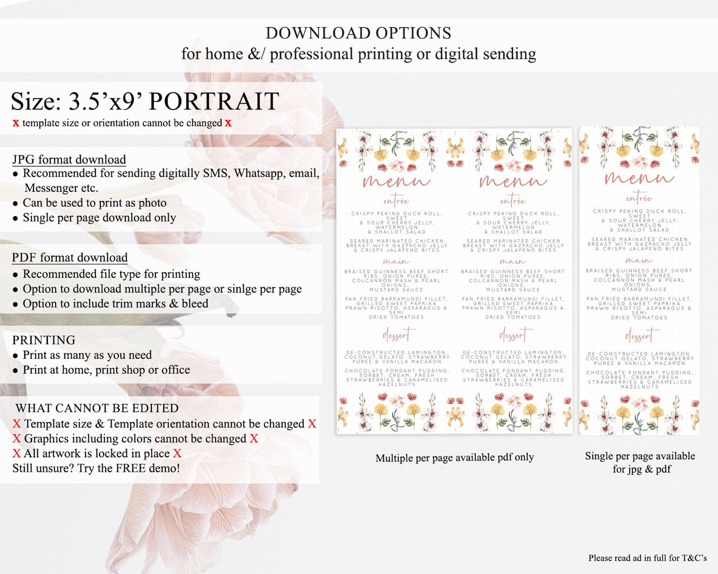 Secret Garden Menu Wildflower Menu Template Pastel Flower Garden Table Decor Boho Floral Dinner Dessert Floral Party Food Menu D10682