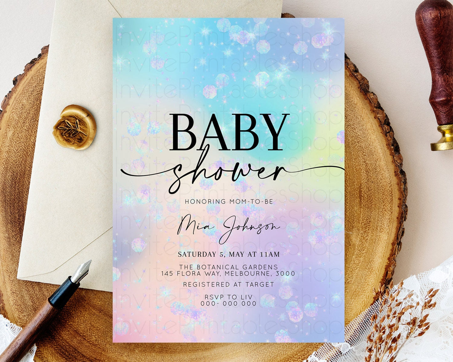 Editable Pastel Rainbow Baby Shower Invitation, Pastel Watercolor with Iride