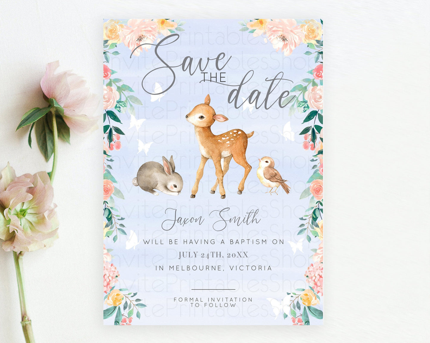 Fawn Deer Save The Date Template Pastel Floral Deer Enchanted Forest Butterfly Party 1st Birthday Baptism Baby Shower Bridal Shower D10920