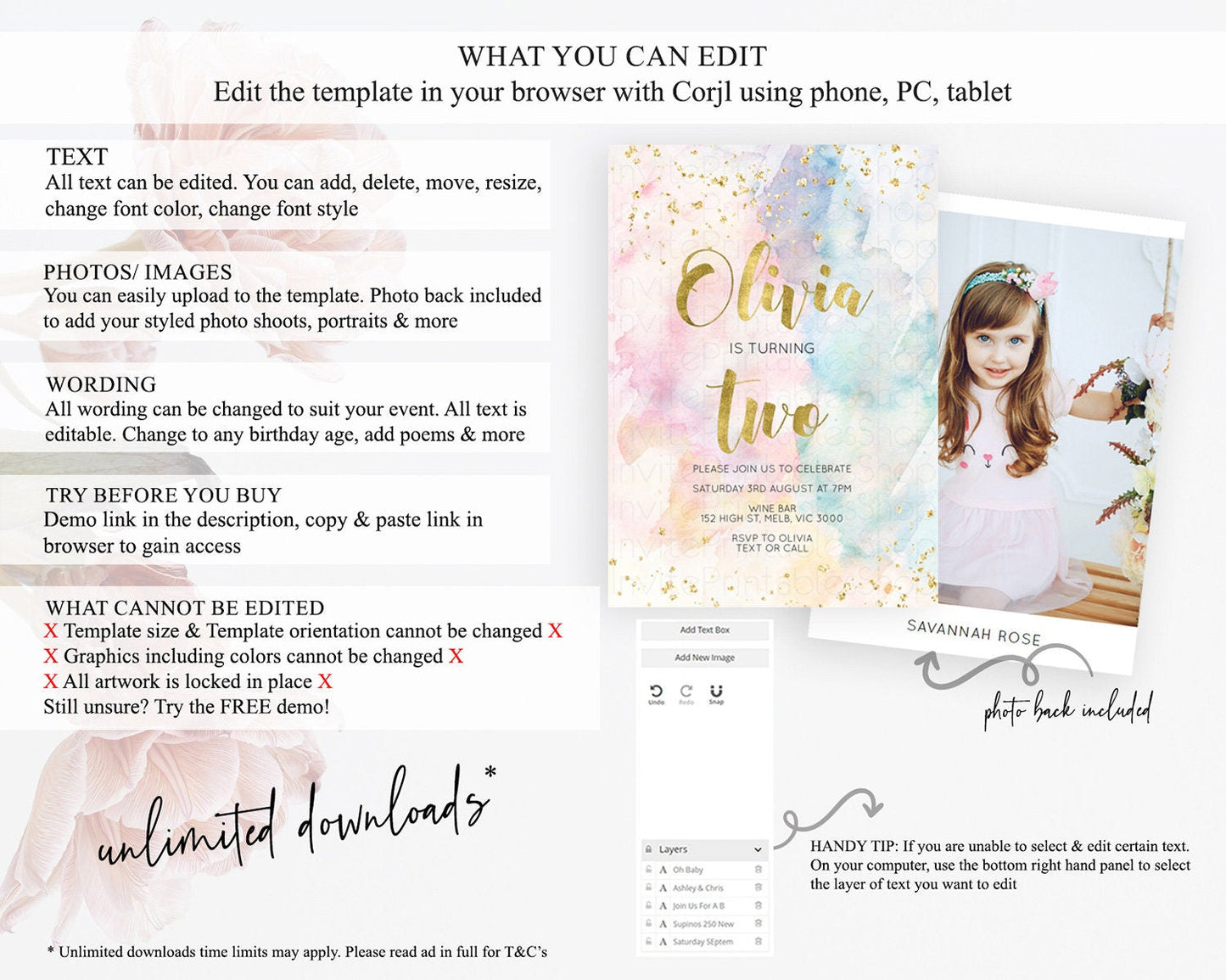 Rainbow Birthday Invitation Colorful Pastel Watercolor Invitation Gold Glitter Sprinkles Ombre Pastel 1st 2nd 3rd Birthday D10265