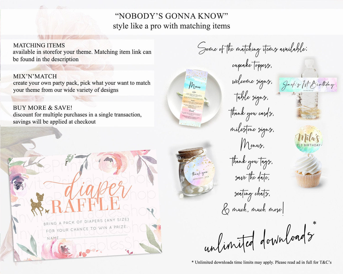 Fawn Diaper Raffle Card Deer Diaper Insert Floral Deer Diaper Ticket Enchanted Forest Butterfly Pastel Baby Shower Raffle Game D10196