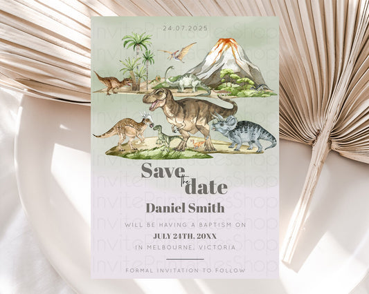 Dinosaur Save The Date Template Dinosaur Volcano Watercolor Volcano T-Rex Raptor Jurassic Party 1st Birthday Baptism Baby Shower D10671