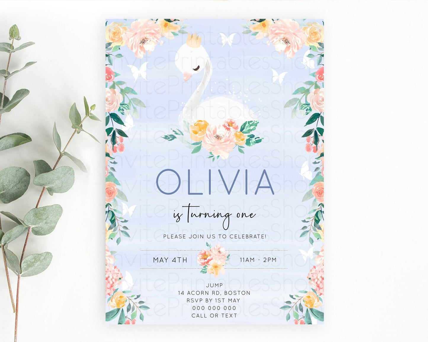 Swan Birthday Invitation Swan Princess Ballet Invitation Enchanted Forest Swan Lake Party Secret Garden Watercolour Pastel Floral D10885