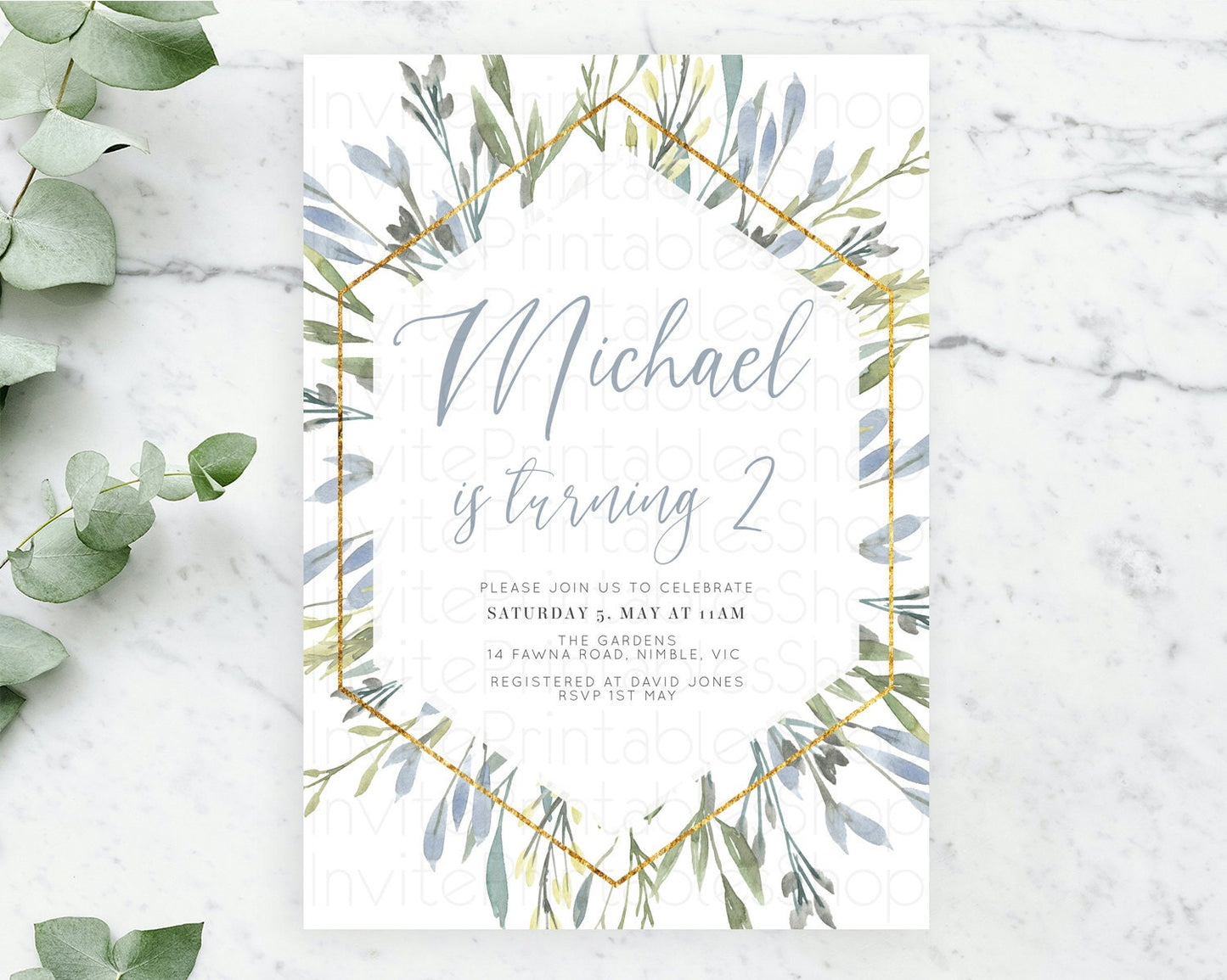 Leafy Birthday Invitation Leafy Invitation Simple Greenery Invitation Eucalyptus Fern Spray Leaves Minimal Green Leaf Watercolour D10532