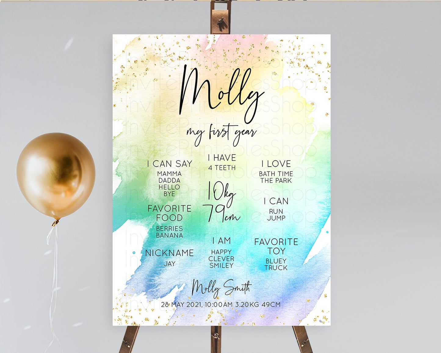 Pastel First Birthday Milestone Board Pastel Rainbow Milestone Poster Colorful Confetti Watercolor Glitter 1st Birthday Welcome Sign D10256