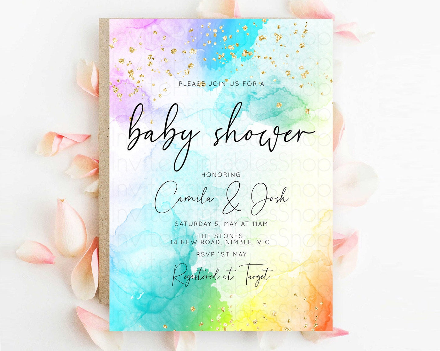 Pastel Rainbow Baby Shower Invitation, Gold Glitter and Colorful Ombre Watercolor, Blue, Purple, Orange, Yellow, Clouds Gender Reveal D10771