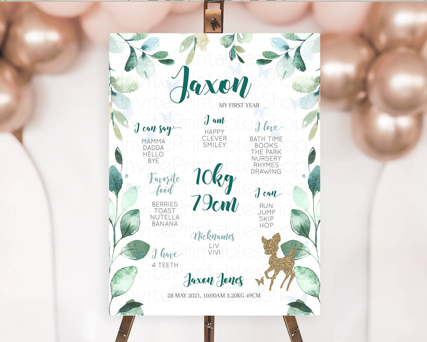 Fawn First Birthday Milestone Board Deer First Birthday Milestone Poster Enchanted Forest Butterfly Pastel Flowers 1st Birthday Sign D10882