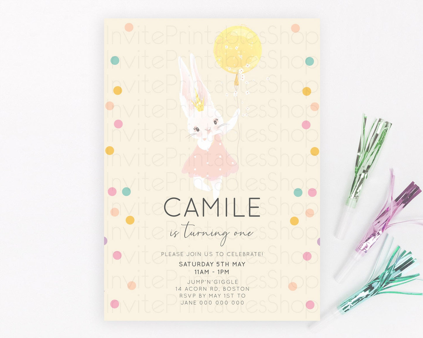 Bunny Birthday Invitation Pastel Bunny Invitation Bunny Balloon Invites Pastel Confetti Balloon Bunny Invites 2nd 1st First Birthday 199v4