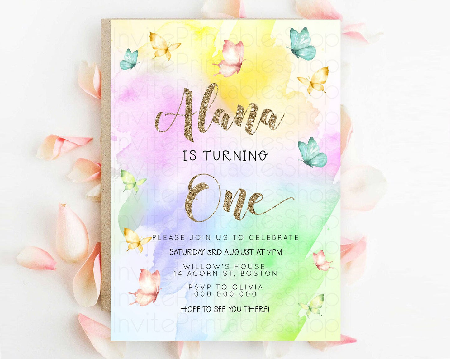 Pastel Butterfly Birthday Invitation Butterfly Birthday Invitation Colorful Splash Glitter Butterfly Garden 1st 2nd Birthday D23258