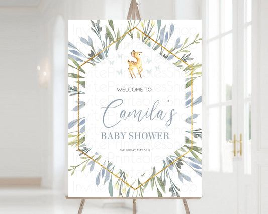 Fawn Baby Shower Welcome Sign Deer Welcome Board Floral Deer Welcome Poster Enchanted Forest Butterfly Pastel Floral Welcome Sign D10400