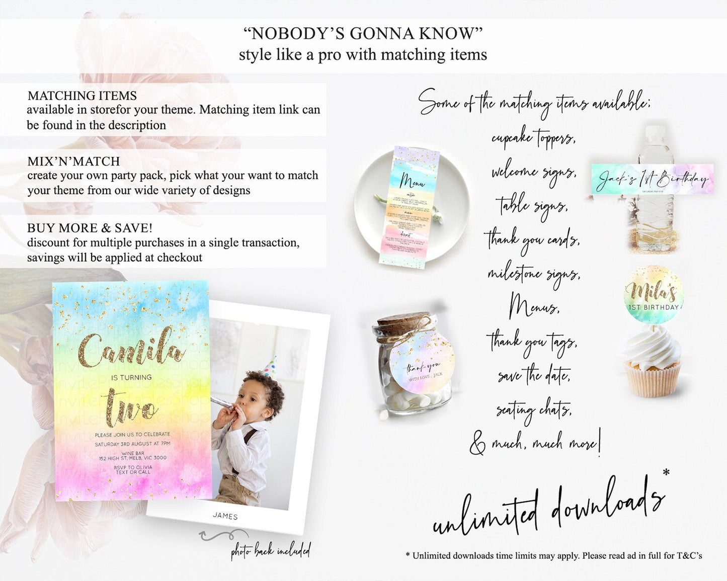 Rainbow Birthday Invitation Colorful Pastel Watercolor Invitation Gold Glitter Sprinkles Ombre Pastel 1st 2nd 3rd Birthday D10479