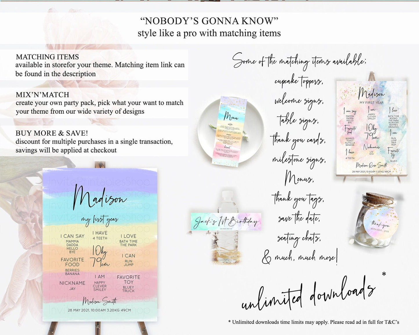 Pastel First Birthday Milestone Board Pastel Rainbow Milestone Poster Colorful Confetti Watercolor Glitter 1st Birthday Welcome Sign D10510