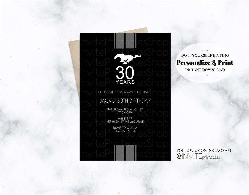 Car Mustang Birthday Invitation, Ford Mustang Invitation, Mustang Invite, 50th Mustang Birthday Invitation, Black, Mustang, Ford Black Grey