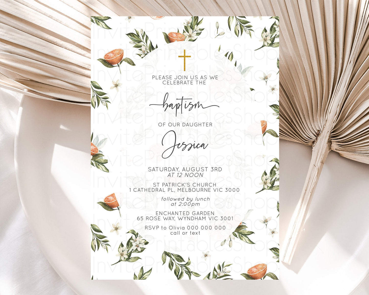 Citrus Baptism Invitation Lemon Orange Baptism 1st Birthday Invitation Citrus Garden Christening Invitation Citrus Floral Religious  D10545