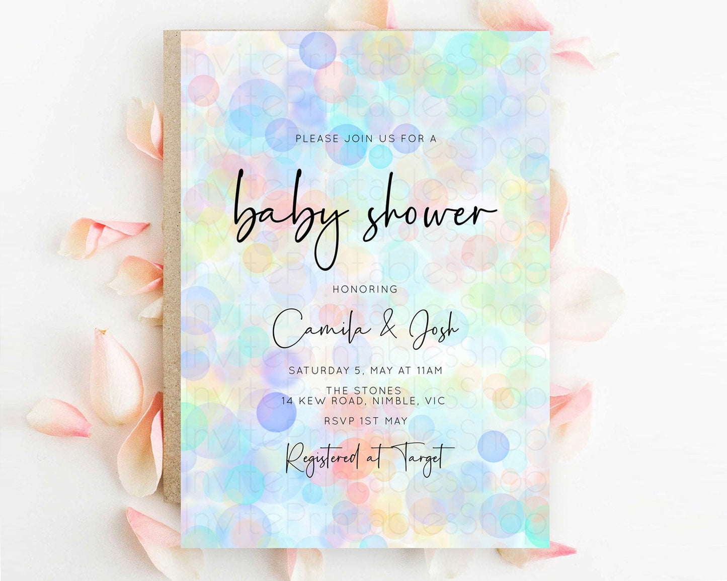 Pastel Confetti Baby Shower Invitation Bath Bomb Baby Shower Invitation Pastel Bubbles Invitation Colorful Watercolour Invitation  D10445