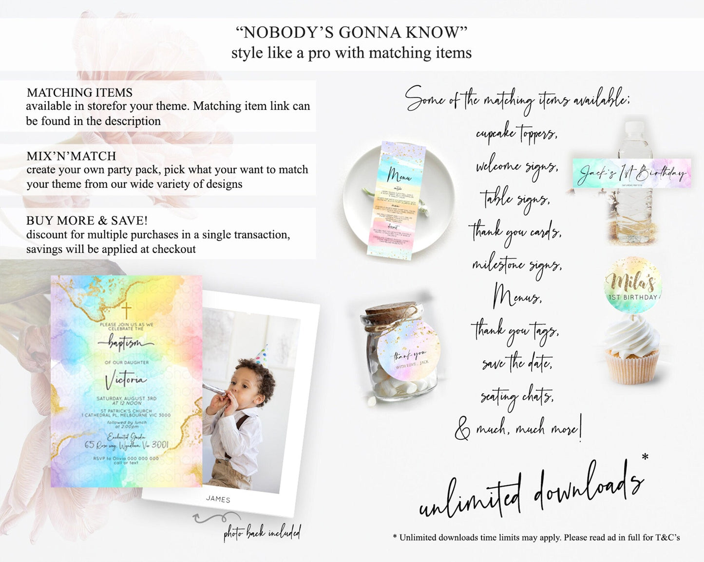 Pastel Baptism Invitation Pastel Colors Watercolor Baptism 1st Birthday Party Gold Ombre Pastel Rainbow Christening Holy Communion D10588