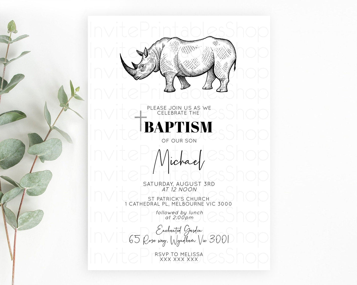 Rhino Baptism Invitation Rhino Baptism 1st Birthday Invitation Rhino Safari Adventure Christening Invitation Palm Leaf Invite Zoo D10253