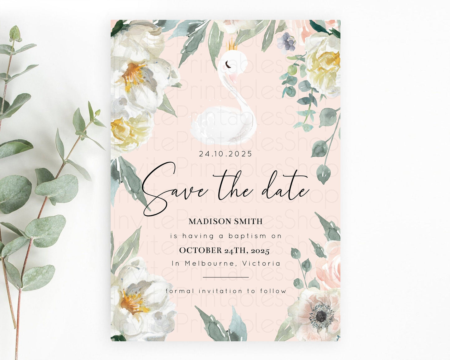 Swan Save The Date Template Swan Princess Ballet Party Enchanted Swan Lake Secret Garden Pastel Floral Birthday Baptism Baby Shower  D10755