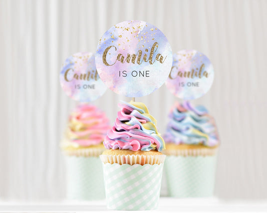 Editable Rainbow Cupcake Toppers Pastel Cupcake Toppers Colorful Pastel Wate