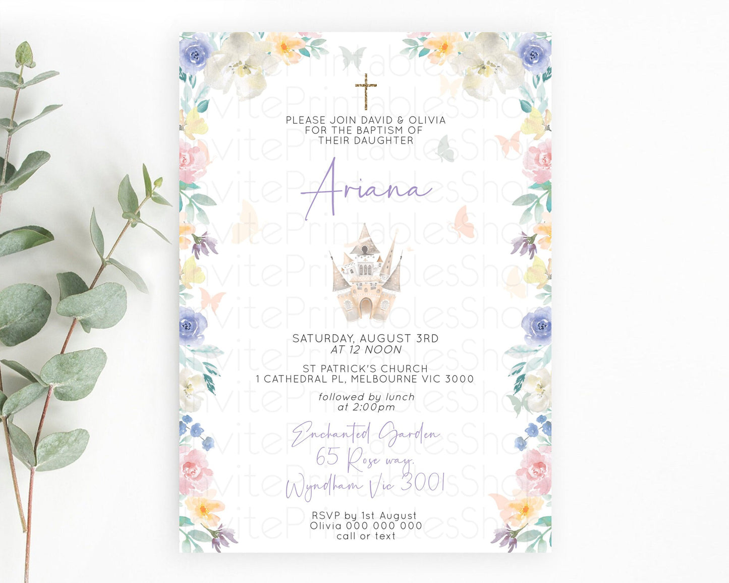 Princess Baptism Invitation Enchanted Castle Baptism 1st Birthday Invitation Royal Party Pastel Floral Secret Garden Christening D10709