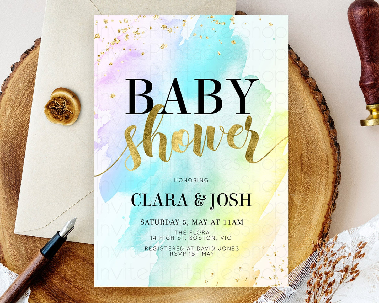 Pastel Baby Shower Invitation Rainbow Baby Shower Invitation Colorful Pastel Watercolor Invitation Gold Glitter Sprinkles Ombre D11026