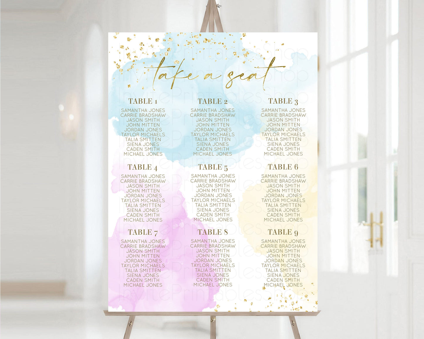 Rainbow Seating Chart Pastel Seating Sign Colors Splash Take a Seat Board Glitter Gold Seat Chart Wedding Christening Birthday Baptism 190V2