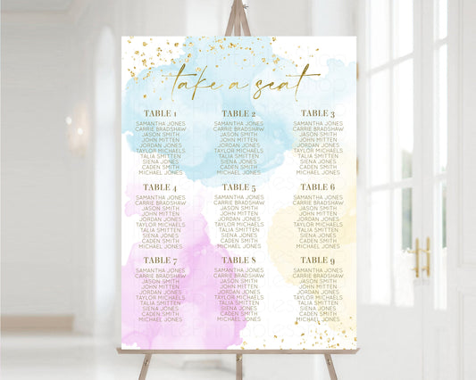 Rainbow Seating Chart Pastel Seating Sign Colors Splash Take a Seat Board Glitter Gold Seat Chart Wedding Christening Birthday Baptism 190V2