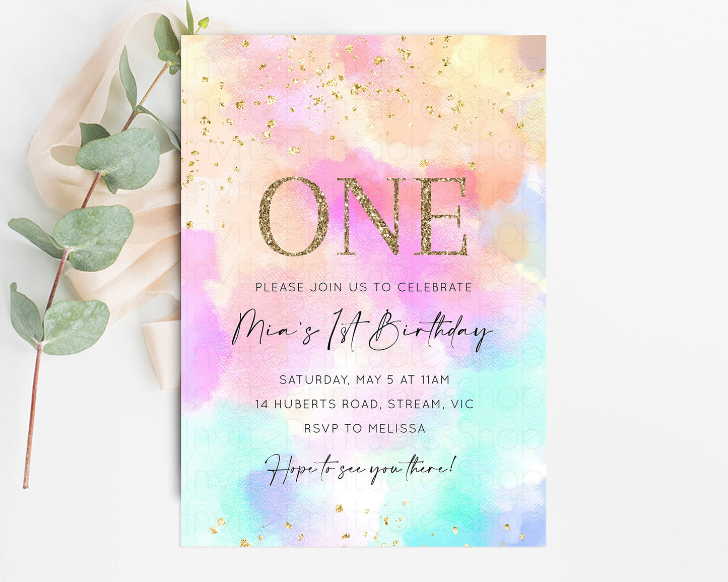 Rainbow Birthday Invitation Pastel Birthday Invite Ombre Watercolor Invite Enchanted Theme Colorful Splash Glitter Sprinkles 1st 2nd 3rd