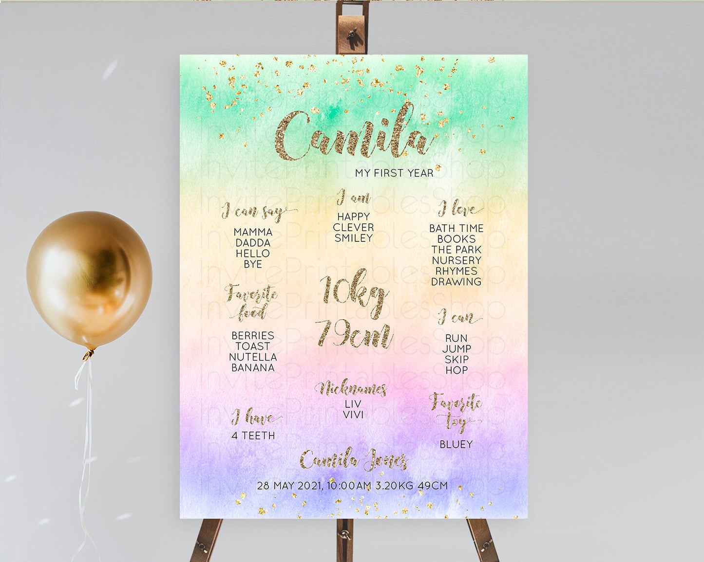 Pastel First Birthday Milestone Board Pastel Rainbow Milestone Poster Colorful Confetti Watercolor Glitter 1st Birthday Welcome Sign D10478