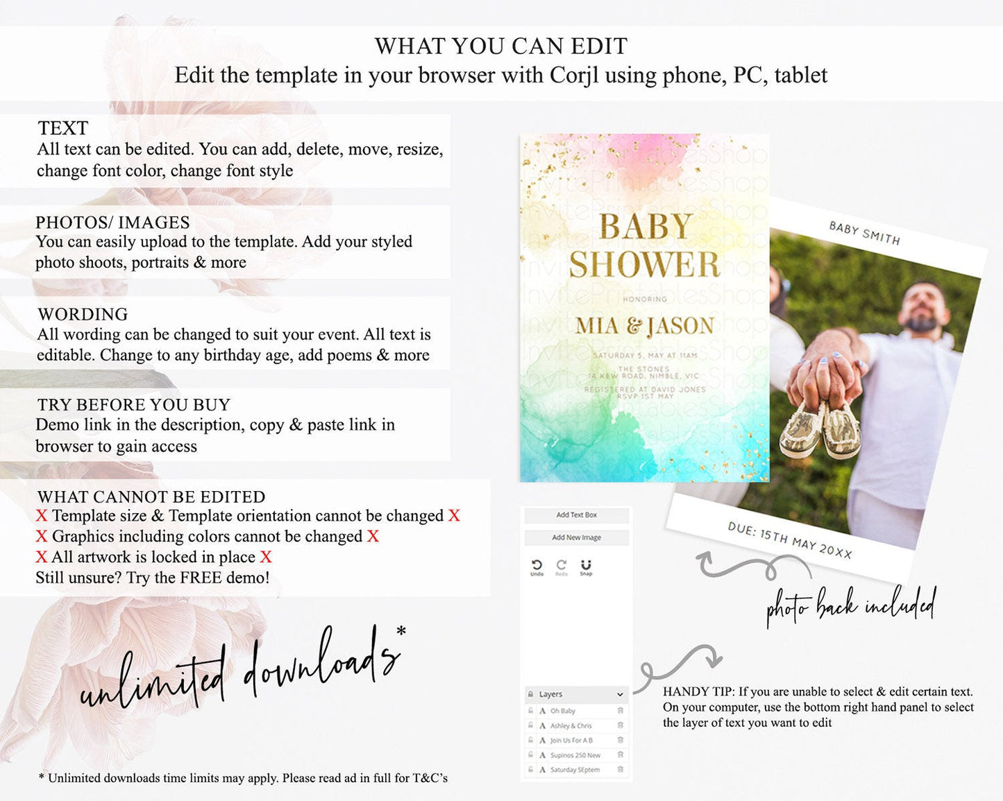 Pastel Baby Shower Invitation Rainbow Baby Shower Invitation Colorful Pastel Watercolor Invitation Gold Glitter Sprinkles Ombre D10770