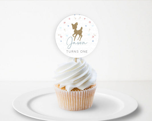 Fawn Cupcake Toppers Deer Cupcake Toppers Enchanted Forest Party Butterfly Pastel Flowers Woofland Cupcake Toppers First Birthday D10359