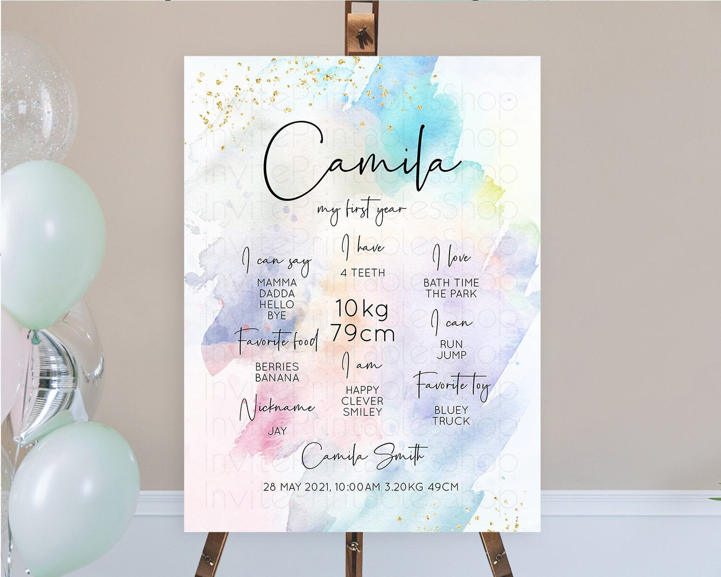 Pastel First Birthday Milestone Board Pastel Rainbow Milestone Poster Colorful Confetti Watercolor Glitter 1st Birthday Welcome Sign D10422