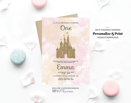 Princess Birthday Invitation Castle Invitation Disney Invitation Glitter Princess Invite Gold Pink Watercolor Invite Disney Castle Invite