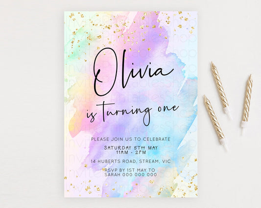 Pastel Birthday Invitation Ombre Watercolor Birthday Invitation Glitter Rainbow Color Splash 1st 2nd 3rd Birthday Invitation D23064